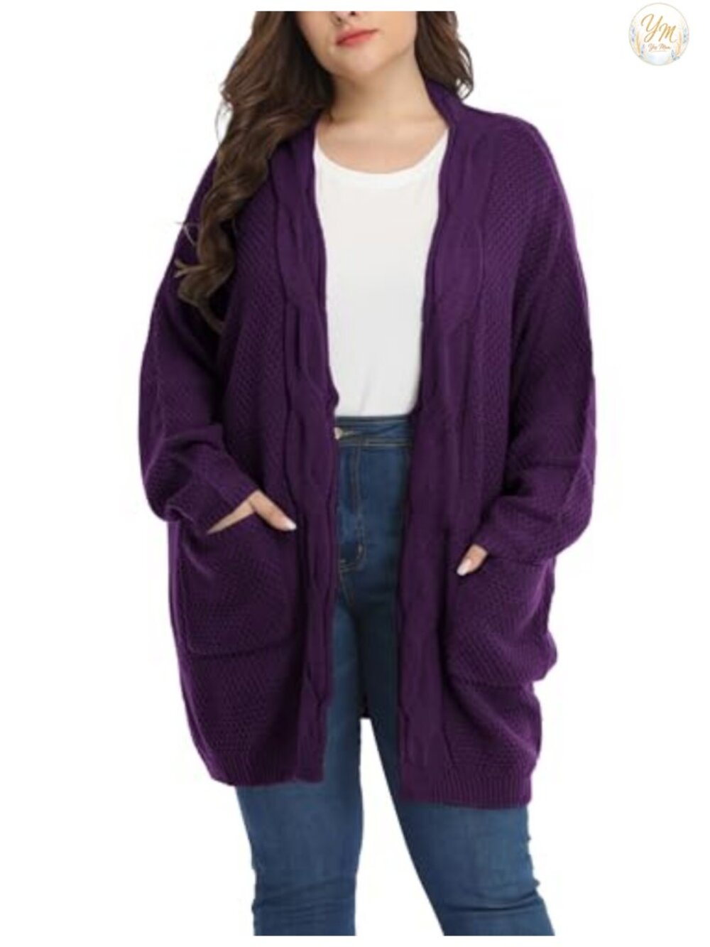 Plus Size Long Open Front Cardigan Oversized Cable Knit Sweater with Pockets